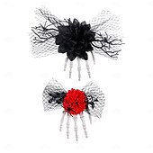 economico Maschera di Halloween &amp; Accessori-Fermaglio per capelli a forma di teschio di Halloween con osso e rosa, fermaglio laterale in rete spettrale, accessorio per capelli unico per costumi da festa