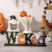 tanie Dekoracje wiszące i na stół na Halloween-dekoracja na halloween z drewnianym środkiem, upiorny drewniany stojak na litery do ekspozycji na stole halloweenowym, dekoracja na imprezę w nawiedzonym domu DIY
