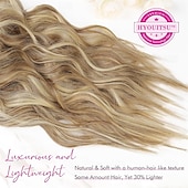abordables Extensiones sintéticas-Extensiones de cabello con clip, 4 unidades, 24 unidades, ondas playeras largas y gruesas, trama de encaje invisible, rubio medio con reflejos rubios, HE003