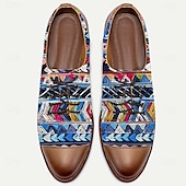 cheap Statement Shoes-Men’s Tribal Geometric Jacquard Fabric Derby Shoes with Brown Faux Leather Details, Ethnic Style Lace-Ups for Cultural Events, Banquets and Fashion Shoots