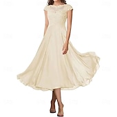 preiswerte Teelänge-A-Linie Brautmutterkleid Elegant Einfach Rundhalsausschnitt Knöchellänge Chiffon Kurzarm mit Falten Einfarbig 2025