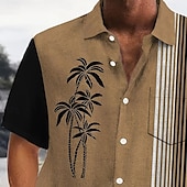 halpa Trooppiset kasvit-Miesten Kookospuu Raidoitettu Havaiji paita Button Up paita Havaijilaispaita Lyhythihainen Havaijilainen Loma Pyhäpäivä Ranta-asut Kesä Kevät Sänkyjen avaus 3D-tulostus Edessä yksi tasku Pellava kuin