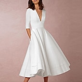 preiswerte Kleine weiße Kleider-Strandhochzeit Strand Einfache Hochzeitskleider A-Linie V-Ausschnitt ärmellos Gericht Zug Satin Brautkleider mit Falten Raffung um zu beeindrucken