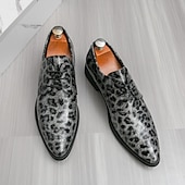 tanie Formalny-czerwone buty wizytowe z nadrukiem w panterkę dla mężczyzn – modne buty sznurowane dla panów podążających za modą, odpowiednie na imprezy i nieformalne wydarzenia