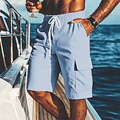 cheap Holiday-Men&#039;s Shorts Linen Shorts Summer Shorts Beach Shorts Elastic Waist Drawstring Multiple Pockets Plain Comfort Breathable Short Vacation Holiday Beach Hawaiian Boho Black White