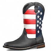 cheap Cowboy &amp; Western Boots-Men’s Brown Faux Leather Western Boots with American Flag Design – Durable Leather Boots for Outdoor Adventures, Country Events and Patriotic Celebrations