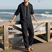 cheap Men&#039;s Tee Sets-Men&#039;s T-shirt Suits Shirt and Pant Sets 2 Pieces Outfits Long Sleeve Hooded Summer Spring Solid Color Fashion Casual Buttons 2 Piece Vacation Daily Wear Going out Black White Yellow Top Tee for Men