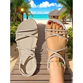 abordables Sandales de Vacances-Sandales plates beiges à brides élastiques pour femmes – Chaussures de plage légères et minimalistes pour les vacances d&#039;été, les tenues de villégiature et les tenues décontractées du quotidien