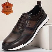 baratos Tênis de couro premium-Sapatos casuais masculinos de couro bovino premium, design de cadarço de dois tons com sola esportiva, perfeitos para uso casual de negócios, viagens e caminhadas na cidade