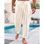 cheap Holiday-Men&#039;s Linen Pants Summer Pants Beach Pants Harem Pants Pocket Elastic Waist Drawstring Plain Comfort Breathable Calf-Length Vacation Daily Holiday Hawaiian Boho Black White