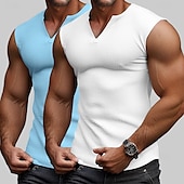 voordelige Sportschool tanktops-Voor heren Wafel Tanktop Singlet Hesje Onderhemd Mouwloos V-hals Zomer Effen Modieus Sportief Klassiek 2-stuks Standaard Straat Casual Sport Geel + blauw White + White Grey+Wit Top T-shirt voor mannen