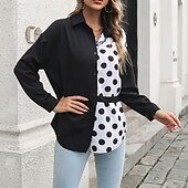 お買い得  女性用ストライプ＆ジオメトリックトップス-女性用 夏のトップス シフォントップス カラーブロック 日常 スタイリッシュ ベーシック 長袖 シャツカラー レギュラートップス ワーク 日常 祝日 パッチワーク プリント ブラックとホワイト ブラック ホワイト 春 秋