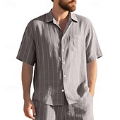 economico Casual da lavoro-Per uomo Camicia Camicia di lino Camicia casual Camicia con Bottoni Camicia di cotone A righe Vacanza Streetwear Nero Bianco Blu marino Cachi Manica Corta Collo ripiegato Estate Abbigliamento