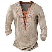 cheap Ethnic Style-Men&#039;s Print T Shirt Henley Shirt Long Sleeve Designer Retro Vintage Bohemian Street Casual Daily Summer Spring Fall Blue Green Khaki Grey Henley Henley T-Shirt