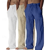 baratos Clássico-Homens Calças de linho Calças Calça verão Calças largas Calças de praia Bolsos Com Cordão Tecido Conforto Respirável Comprimento total Ioga Casual Diário Férias Estilo Clássico Khaki + Branco + Cinza
