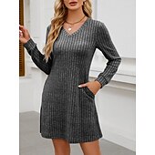cheap Plain Dress-Women&#039;s Mini Dress A Line Dress Casual Daily Regular Fit Plain Long Sleeve V Neck Wine Light Brown Green Dark Gray Winter Autumn