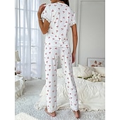  Dame Pyjamas Sett Fritid Komfort Kirsebær Elastisk midje Skjorte Bukse Hjem Daglig Kortermet V-hals Hvit Sommer Vår Høst Normal