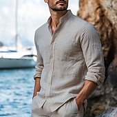 preiswerte Urlaub-Herren Hemd Leinenhemd Stehkragenhemd Sommerhemd Strandbekleidung Freizeithemd Einfarbig Urlaub Kreuzfahrt Schwarz Weiß Blau Khaki Langarm Kragen Bekleidung