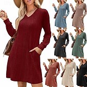 cheap Plain Dress-Women&#039;s Mini Dress A Line Dress Casual Daily Regular Fit Plain Long Sleeve V Neck Wine Light Brown Green Dark Gray Winter Autumn