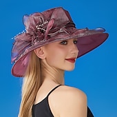 billige Partyhatter-Hatter organza Solhatt Formell Bryllup Aftenselskap Te Fest Hesteløp Elegant Årgang Med Blomster Hodeplagg Hodeplagg