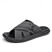 cheap Vacation Sandals-Men&#039;s Tan Faux Leather Slide Sandals Cross-Strap Open-Toe Design with Arch Support Great for Casual Summer Home and Street Style