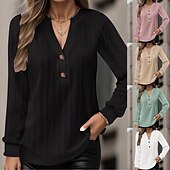 abordables Hauts Unis pour Femmes-Femmes Chemisier Uni Moderne Occasionnel manche longue Col en V Hauts Réguliers Quotidien Fête Sortir Boutons Noir Blanche Rose Claire Vert Kaki Automne