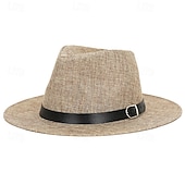 baratos Acessórios e mais-chapéu de sol de linho masculino, chapéu panamá de aba plana, chapéu de jazz britânico, proteção solar, chapéu de cavalheiro