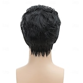 cheap Mens Wigs-Roker Style Mens Black Short with a Front Curl Costume Wig for Cosplay Halloween Costume Party Wig