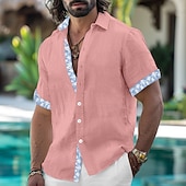 preiswerte Urlaub-Herren Hemd Leinenhemd Sommerhemd Strandbekleidung Einfach Urlaub Lässig Weiß Rosa Blau Khaki Kurzarm Revers Sommer Frühling &amp; Sommer Bekleidung