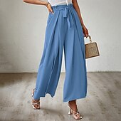 baratos perna larga e cintura alta-Mulheres Perna larga Calças Roupa de rua Casual Comprimento total Natural Tecido Bolsos Com Cordão Design de cordão elástico Exterior Confortável Final de semana Streetwear Magenta Camelo Adamascado