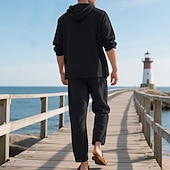 cheap Men&#039;s Tee Sets-Men&#039;s T-shirt Suits Shirt and Pant Sets 2 Pieces Outfits Long Sleeve Hooded Summer Spring Solid Color Fashion Casual Buttons 2 Piece Vacation Daily Wear Going out Black White Yellow Top Tee for Men