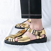 billige Kjole sandaler-Gull- og svarte metalliske sandaler for menn – stilige gladiatorsandaler med moderne spennedesign, perfekte for uformelle utendørsarrangementer