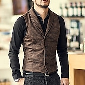 お買い得  ジレ-男性用 ベスト ジレ フェイクレザーベスト アウトドア 日常 ファッション カジュアル 春 秋 ポケット ボタン 合皮 快適 平織り シングルブレスト 一つボタン ラペル レギュラー ブラック ブラウン ベスト
