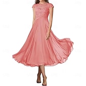 preiswerte Teelänge-A-Linie Brautmutterkleid Elegant Einfach Rundhalsausschnitt Knöchellänge Chiffon Kurzarm mit Falten Einfarbig 2025