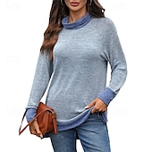cheap Plain Tops-Women&#039;s T Shirt Color Block Casual Long Sleeve Turtleneck Regular Tops Daily Weekend Patchwork Black Army Green Navy Blue Blue Brown Fall