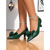 abordables Escarpins femme-Escarpins à bout pointu et nœud vert foncé pour femme – talons mi-hauts en cuir verni, style vintage pour le travail, les fêtes et les occasions habillées