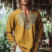 cheap Vacation-Men&#039;s Popover Shirt Summer Shirt Beach Wear Vintage Shirt Ethnic Shirt Floral Vacation Holiday Yellow Blue Orange Brown Long Sleeve V Neck Summer Spring Clothing Apparel