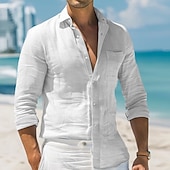 voordelige Vakantie-Voor heren Overhemd Linnen overhemd Zomer overhemd Strand hemd Effen Feestdagen Alledaagse kleding Wit Lichtgroen Blozend Roze blauw Lange mouw Strijkijzer Zomer Lente &amp; Herfst Kleding Button-omlaag