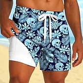 billiga Tropiska växter och blommor-Herr Tropiska växter Dödskalle Blommor Fodrade shorts 2 i 1 simshorts Badshorts Medium Midja Hawaiisk Strandsemester Sidfickor Med kompressionsfoder Elastisk dragsko i midjan Designer Kläder