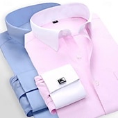 お買い得  メンズドレスシャツ-男性用 シャツ ドレスシャツ フレンチカフシャツ 平織り 結婚式 ビジネス ピンクとパープル ブルーとライトブルー 黄色 + 青 イエロー+ピンク 長袖 カラー オールシーズン 衣類 ポケット