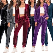 cheap Tracksuits-Women's Tracksuit Sweatpants Hooded Jacket Zipper Pocket Solid Colored Clothing Suit Fall Black Burgundy Velour Gym Workout Sports Windproof Long Sleeve Sport Activewear Micro-elastic Regular Fit