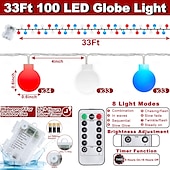 cheap Battery String Lights-1 Pc 33FT-100 LED Patriotic String Lights July 4th Independence Day Red Blue White Ball Decorative LED String Patriotic Gathering Party Atmosphere 8 Function Remote Control Waterproof Battery Box
