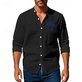 preiswerte Straße-Herren Hemd Leinenhemd Freizeithemd Knopfhemd Baumwollhemd Kokospalme Urlaub Hawaiianisch Schwarz Weiß Khaki Grau Langarm Stehkragen Sommer Frühling Bekleidung Druck