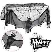 abordables Halloween Cocina-Cenefa de encaje de Halloween para cortina corta, adorno para ventana de cocina, color negro, decoración espeluznante, tela semitransparente para cortina, bolsillo para varilla de poliéster