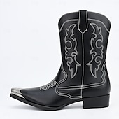 cheap Cowboy &amp; Western Boots-Men&#039;s Black Leather Western Boots with Silver Toe Cap and Decorative Stitching – Stylish Cowboy Boots for Rodeos, Country Events &amp; Casual Wear