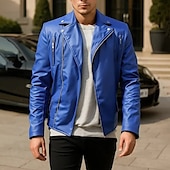 preiswerte Lederjacken-Herren Kunstlederjacke Bikerjacke Motorradjacke Urlaub Täglich Winddicht Warm Tasche Herbst Winter Einfach Mode Klassisch Revers Regulär Schwarz Wein Königliches Blau Braun Jacken