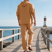cheap Men&#039;s Tee Sets-Men&#039;s T-shirt Suits Shirt and Pant Sets 2 Pieces Outfits Long Sleeve Hooded Summer Spring Solid Color Fashion Casual Buttons 2 Piece Vacation Daily Wear Going out Black White Yellow Top Tee for Men