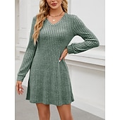 cheap Plain Dress-Women&#039;s Mini Dress A Line Dress Casual Daily Regular Fit Plain Long Sleeve V Neck Wine Light Brown Green Dark Gray Winter Autumn