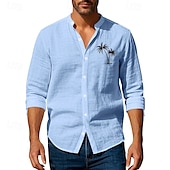 preiswerte Straße-Herren Hemd Leinenhemd Freizeithemd Knopfhemd Baumwollhemd Kokospalme Urlaub Hawaiianisch Schwarz Weiß Khaki Grau Langarm Stehkragen Sommer Frühling Bekleidung Druck