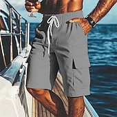 cheap Holiday-Men&#039;s Shorts Linen Shorts Summer Shorts Beach Shorts Elastic Waist Drawstring Multiple Pockets Plain Comfort Breathable Short Vacation Holiday Beach Hawaiian Boho Black White